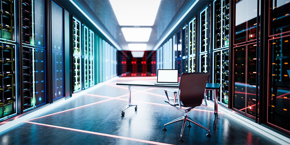 Admin computer in network server room or data center